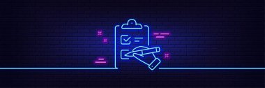 Neon light glow effect. Checklist line icon. Clipboard document sign. Questioning survey symbol. 3d line neon glow icon. Brick wall banner. Checklist outline. Vector