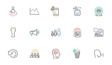 Buz Üreticisi, İletişim ve Stres Hattı simgeleri web sitesi, baskı için. İş hiyerarşisi koleksiyonu, Paylaşım, internet belge simgeleri. Megafon, envanter raporu, veri kurtarma web elementleri. Vektör