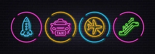 Raket Vliegmodus Taxi Minimale Lijn Pictogrammen Neon Laser Lichten Roltrap — Stockvector