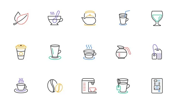 Coffee Tea Line Icons Cappuccino Teapot Coffeepot Coffee Beans Linear — Stock Vector
