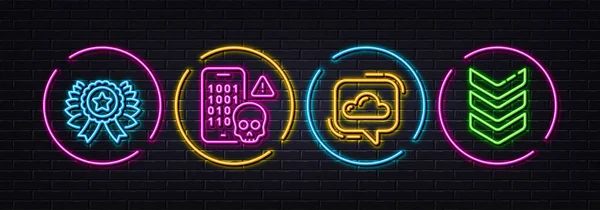 Nastro Vincitore Comunicazione Cloud Cyber Attacco Icone Linea Minima Neon — Vettoriale Stock