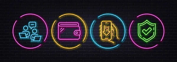 Wallet Teamwork Download App Minimal Line Icons Neon Laser Lights — Stock Vector