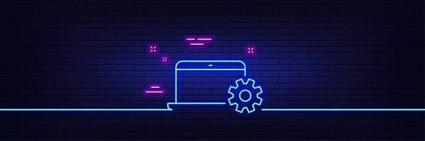 Neon light glow effect. Laptop computer icon. Notebook Service sign. Portable personal computer symbol. 3d line neon glow icon. Brick wall banner. Notebook Service outline. Vector
