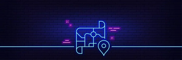 Neon Light Glow Effect Map Line Icon Road Trip Sign — Stock vektor