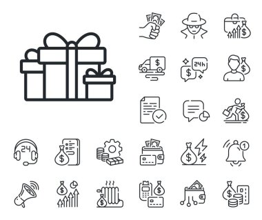 Hediye ya da indirim tabelası. Nakit para, kredi ve ipotek taslakları. Hediye kutuları çizgisi simgesi. Doğum günü alışveriş sembolü. Hediye paketinde paket var. Holiday çizgi tabelasını sunar. Vektör