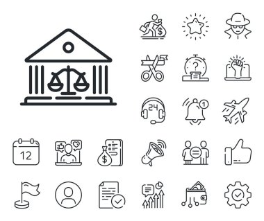 Adalet terazisi işareti. Maaşlı çalışan, cinsiyet eşitliği ve alarm çanı taslak simgeleri. Saray inşa çizgisi simgesi. Yargılama hukuku sembolü. Mahkeme binası tabelası. Casus ya da profil tutucu simgesi. Vektör