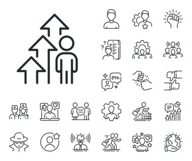 İş büyümesi istatistikleri imzası. Uzman, doktor ve iş yarışması ikonları. Çalışan sonuç çizgisi simgesi. İnsan kaynakları sembolü. Çalışanların sonuç tabelaları. Vektör