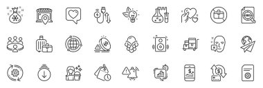 Hoparlör olarak simgeler, envanter arabası ve uygulama için para aktarım çizgisi simgeleri arasında Hold heart, Globe, Zaman yönetimi ince simge web seti. Kalp, el çantası yok, eko enerji piktogramı. Vektör