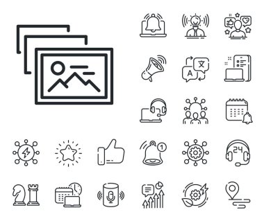 Resim küçük resim işareti. Konum, teknoloji ve akıllı hoparlörler ikonları yerleştirin. Fotoğraf albümü çizgisi simgesi. Resim galerisi yer tutucu sembolü. Fotoğraf albümü tabelası. Vektör