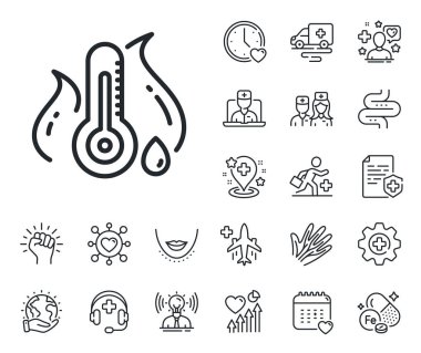 Termometre işareti. Çevrimiçi doktor, hasta ve ilaç ikonları. Ateş hattı simgesi. Hastalık sembolü. Ateş hattı işareti. Damarlar, sinirler ve kozmetik işlem ikonu. Vektör