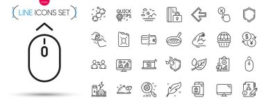 Bir paket Feather, Swipe up ve online alışveriş hattı simgeleri. Kimyasal formül, Güçlü Kol, Kalkan resim simgeleri dahil. Şarj istasyonu, iğne işareti, 5G defter işareti. Kutu yağı. Vektör