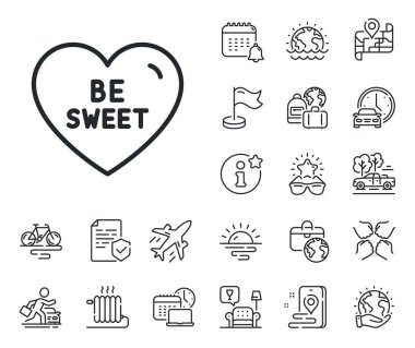 Tatlı kalp işareti. Uçak jeti, seyahat haritası ve bagaj teslim ikonları. Tatlı çizgi ikonu ol. Sevgililer Günü aşk sembolü. Tatlı çizgi işareti ol. Araba kiralama, taksi taşıma ikonu. Yerlerinizi alın. Vektör