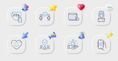 Halk sigortası, kullanıcı araması ve göz doktoru çizgisi simgeleri. 3D zilli düğmeler, sohbet konuşması, imleç. Bir paket gülümseme sohbeti, danışmanlık işi, kimya laboratuarı ikonu. Cinsiyetler, muhasebe resimleri. Vektör