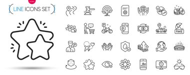 Para değişimi paketi, miyop ve bisiklet hattı simgeleri. Seo zamanlayıcı, Arena stadyumu, güneş gözlüğü ikonları dahil. Yol, Bitcoin, Alıcı işaretleri. Yargıç Hammer, sahte haberler, kuluçka makinesi. Vektör