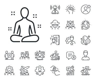 Meditasyon poz işareti. Uzman, doktor ve iş yarışması ikonları. Yoga çizgisi simgesi. Vücut ve zihin sembolünü gevşet. Yoga hattı işareti. Avatar yer tutucu, casus vesikalığı ikonu. Saldırı lideri. Vektör