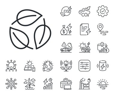 Doğa bitkisi yaprağı işareti. Enerji, karbondioksit egzozu ve güneş paneli ikonları. Çizgi simgesini bırakır. Çevresel bakım sembolü. Çizgi işareti bırakıyor. Eko elektrik ya da rüzgar gücü ikonu. Yeşil gezegen. Vektör