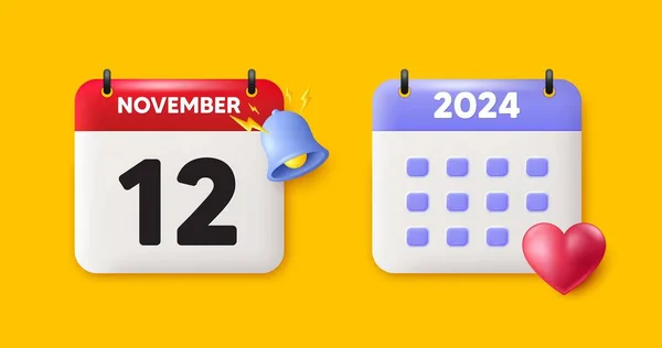 日历日期3D图标 每月的第12天图标 活动时间表日期 会议时间 11月12日日历事件提醒日期 — 图库矢量图片