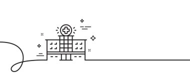 Hastane inşaat ikonu. Kıvrımlı tek bir çizgi. Tıbbi yardım işareti. Hastane binası tek şeritli. Döngü eğrisi modeli. Vektör