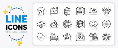 Globe, Metro map and Credit card line icons set for app include Home facility, Delivery cart, Map outline thin icon. Salary, Surprise package, Vip internet pictogram icon. Toilet paper. Vector clipart