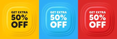 İndirimden% 50 indirim al. Neumorphic teklif pankartları. İndirimli fiyat tabelası. Özel teklif sembolü. Yüzde 50 tasarruf ederiz. Ekstra indirimli podyum arka planı. Ürün bilgi grafikleri. Vektör