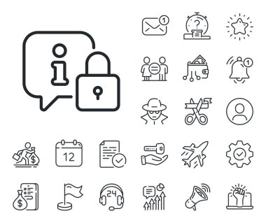 Korumalı bilgi işareti. Maaşlı çalışan, cinsiyet eşitliği ve alarm çanı taslak simgeleri. Kilit çizgisi simgesi. Bilgi baloncuklu asma kilit. Kilit işareti. Casus ya da profil tutucu simgesi. Vektör