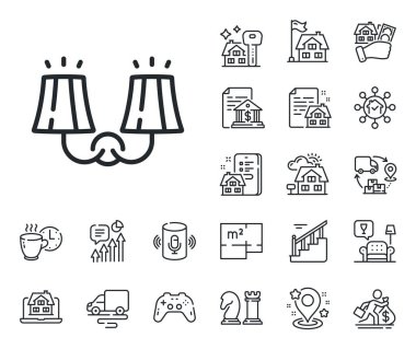 Duvar lambası işareti. Kat planı, merdivenler ve salon taslak ikonları. Işık çizgisi simgesi. İç aydınlatma sembolü. Işık çizgisi işareti. Ev kredisi, bina ikonu satmak. Gayrimenkul. Vektör
