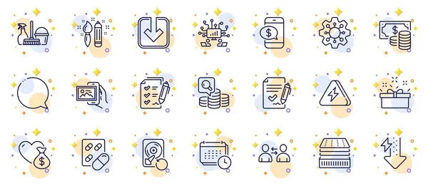 stock vector Outline set of Lightning bolt, Energy drops and Coins banknote line icons for web app. Include Communication, Calendar, Load document pictogram icons. Household service, Survey checklist. Vector