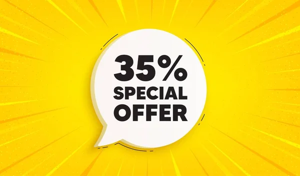 stock vector 35 percent discount offer tag. Speech bubble sunburst banner. Sale price promo sign. Special offer symbol. Discount chat speech message. Yellow sun burst background. Vector