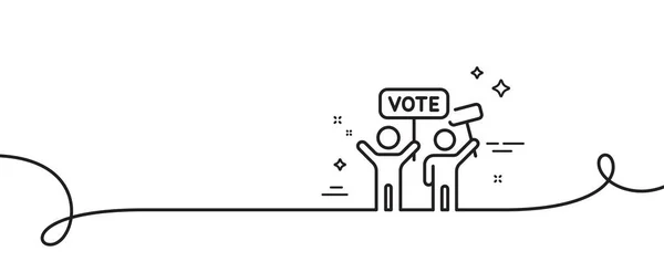 投票キャンペーンラインアイコン カール付きの連続1行 人々は看板を持って集まる 公選のシンボル 投票キャンペーンシングルアウトラインリボン ループカーブパターン ベクトル — ストックベクタ