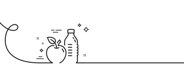 健康食品や飲料ラインのアイコン カール付きの連続1行 リンゴの看板付きの水 ジムフィットボトルのシンボル 健康食品シングルアウトラインリボン ループカーブパターン ベクトル — ストックベクタ