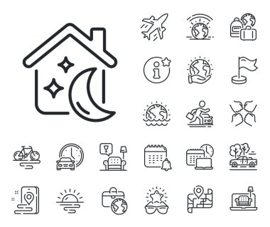 Gece evi tabelası. Uçak jeti, seyahat haritası ve bagaj teslim ikonları. Uyku çizgisi simgesi. Rüya ev sembolü. Uyku çizgisi işareti. Araba kiralama, taksi taşıma ikonu. Yerlerinizi alın. Havaalanı salonu. Vektör