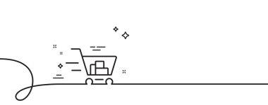 Servis hattı simgesi. Kıvrımlı tek bir çizgi. Alışveriş arabası tabelası. Ekspres internet alımı. Süpermarket sepeti sembolü. Alışveriş arabası tek ana hatlı şerit. Döngü eğrisi modeli. Vektör