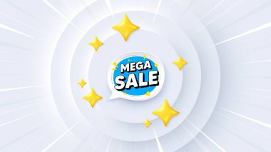 Mega satış balonu. Neumorphic teklif 3D afiş, kupon. İndirimli afiş şekli. Kupon yapıştırma ikonu. Mega satış tanıtım etkinliği geçmişi. Güneş patlaması afişi, broşür ya da poster. Vektör