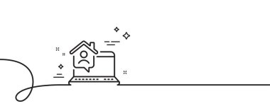 Ev hattı ikonunda çalış. Kıvrımlı tek bir çizgi. Dışarıdan iş ilanı. Uzaktan ofis çalışanı sembolü. Evde tek hatlı şerit üzerinde çalış. Döngü eğrisi modeli. Vektör