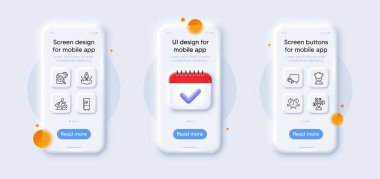 Aşçı şefi, Artırılmış gerçeklik ve İşsiz çizgi simgeleri paketi. Takvimli 3D telefon modelleri. Cam akıllı telefon ekranı. Megafon, zaman yönetimi, Buzdolabı web simgesi. Vektör