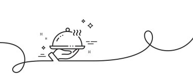 Restoran yemek hattı ikonu. Kıvrımlı tek bir çizgi. Yemek tabelası. Otel odası servis sembolü. Restoran yemekleri tek hatlı şerit. Döngü eğrisi modeli. Vektör