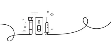 Aşı şırınga çizgisi ikonu. Kıvrımlı tek bir çizgi. Coronavirus kanı ve tükürük testi işareti. Aşı sembolü. Kan ve tükürük testi tek şeritli. Döngü eğrisi modeli. Vektör
