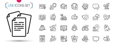 Bir paket kahve fincanı, domuz kumbarası ve kardiyo bisiklet hattı ikonları. Eleman, anlaşma, sesli mesaj resim simgeleri dahil. Tıbbi ilaçlar, Mesaj, Havai fişek burçları. Dış kaynak işi, yemek teslimatı. Vektör