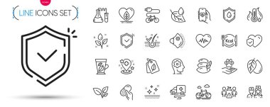 Kalp atışı paketi, tıbbi maske ve Doktor çizgisi simgeleri. Temiz cilt, hayat sigortası, mineral yağı ikonları dahil. Kalkan, kalori, yastık işaretleri. Elektrikli bisiklet, sosyal mesafe. Vektör