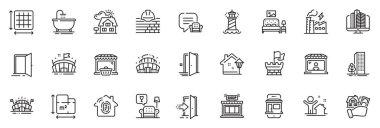 Mobilya olarak simgeler, sokak lambası ve uygulama için açık kapı çizgisi simgeleri arasında Lighthouse, Fingerprint erişim, Market satıcısı ince simge web seti yer alıyor. Binalar, Atılgan, Shop Pictogram. Vektör