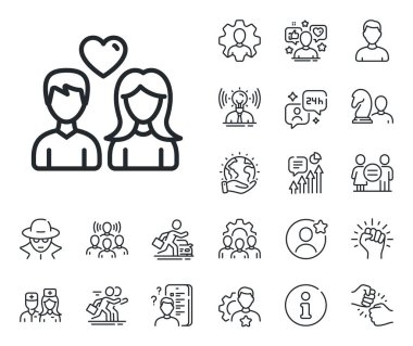Kullanıcı Grubu işareti. Uzman, doktor ve iş yarışması ikonları. Kalp çizgisi ikonu olan çift. Erkek ve kadın silueti sembolü. Çift aşk çizgisi işareti. Vektör