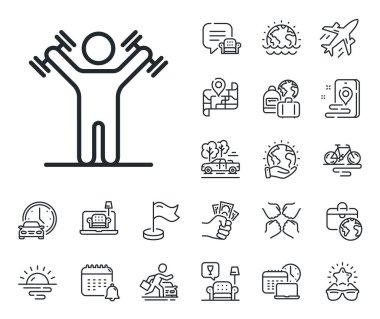 Spor malzemeleri tabelası. Uçak jeti, seyahat haritası ve bagaj teslim ikonları. Dambıllar çizgisi ikonu olan adam. Spor salonu sembolü. Dambıllar antreman tabelası. Araba kiralama, taksi taşıma ikonu. Vektör