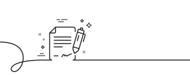 Belge satırı simgesi imzalanıyor. Kıvrımlı tek bir çizgi. Sözleşme imzası. Anlaşma dosya sembolü. Belge imzalanırken tek taslak şerit. Döngü eğrisi modeli. Vektör