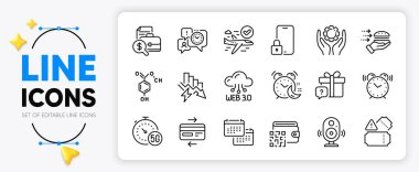 Elektrik tasarrufu, Web3 ve uygulama için onaylanmış uçuş çizgisi simgeleri arasında 5g internet, Chemical formülü, Alarm saati ince simgesi yer alıyor. Kilitle, Alarm, Takvim resim simgesi. Konuşmacı. Vektör