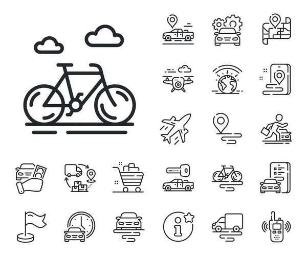 stock vector City bicycle transport sign. Plane, supply chain and place location outline icons. Bike line icon. Outdoor transportation symbol. Bike line sign. Taxi transport, rent a bike icon. Travel map. Vector