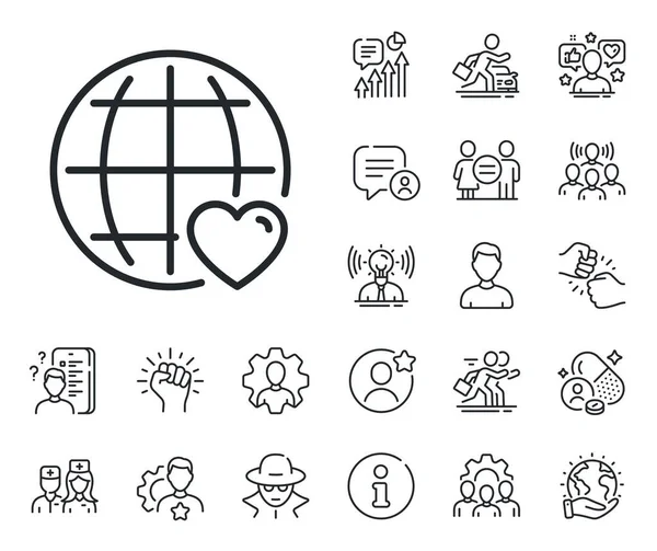 Globe Sembollü Kalp Uzman Doktor Yarışması Ikonları Uluslararası Aşk Çizgisi — Stok Vektör