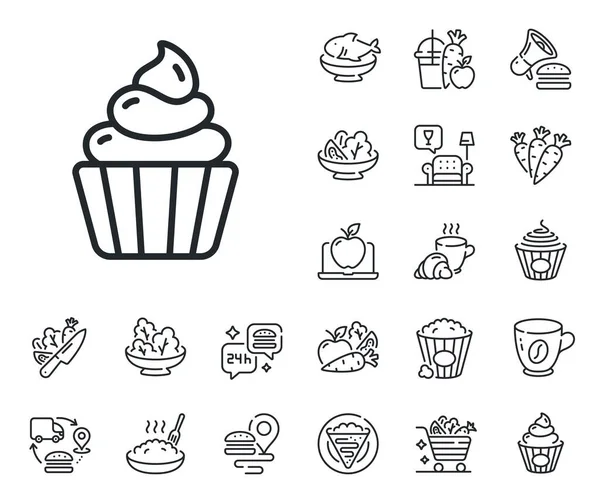 甜点的食物标志 甜爆米花和沙拉的图标轮廓 蛋糕线图标 有奶油标志的蛋糕 蛋糕线的标志 意大利面 新鲜果汁图标 供应链 — 图库矢量图片