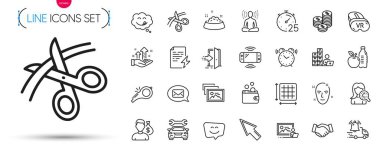 Cüzdan parası, gülen surat ve kare bölge simgeleri. Lezzetli gülümseme, maaş, zamanlayıcı resim simgeleri dahil. Güç sertifikası, giriş işaretleri. Oyun konsolu, sağlıklı yemek, alarm saati. Vektör