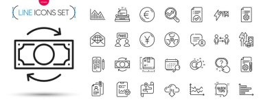 Diyagram çizelgesi, döküman ve yatay çizelge simgeleri paketi. Yen parası, hızlı ipuçları, Pictogram simgelerini raporla. Röportaj belgeleri, teknik belgeler. Vektör