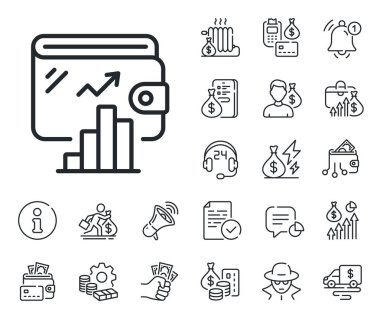Para hesap istatistikleri imzası. Nakit para, kredi ve ipotek taslakları. Cüzdan çizgisi simgesi. Nakit bütçe sembolü. Cüzdan izi. Kredi kartı, kripto cüzdan simgesi. Enflasyon, iş maaşı. Vektör